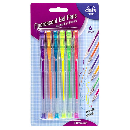 Fluorescent Gel Pens 6 Pack Assorted Ink Colours Stationery Essentials Purple Peach Teal Yellow Lime Red