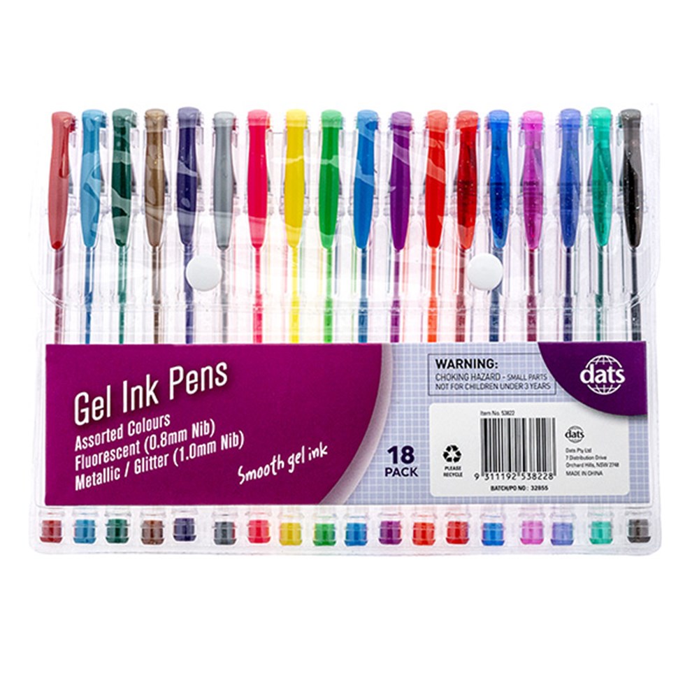 Mixed Metallic Glitter Gel Pens 18 Pack Bright Assorted Colours in Wallet