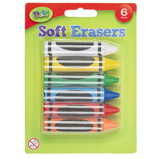 Crayon Shaped Soft Erasers 6 Pack White Yellow Green Blue Red Orange