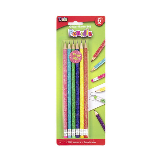 HB Glitter Barrel Pencils with Erasers – 6 Pack | Assorted Colours & Smooth Writing